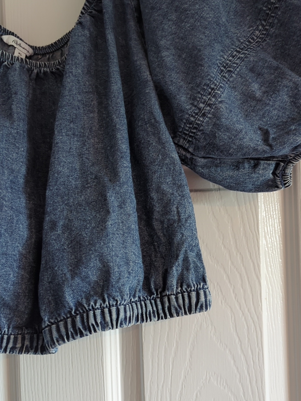 Cropped Denim Peasant Top - Medium Wash - Picture 4 of 4